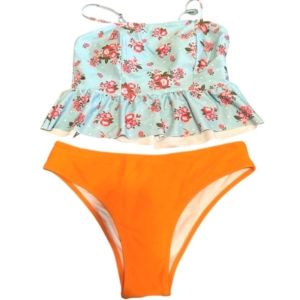 Beechsissi Bikini Blue Orange Floral Polka Dot Ruffle Tankini Beach Pin Up JR M